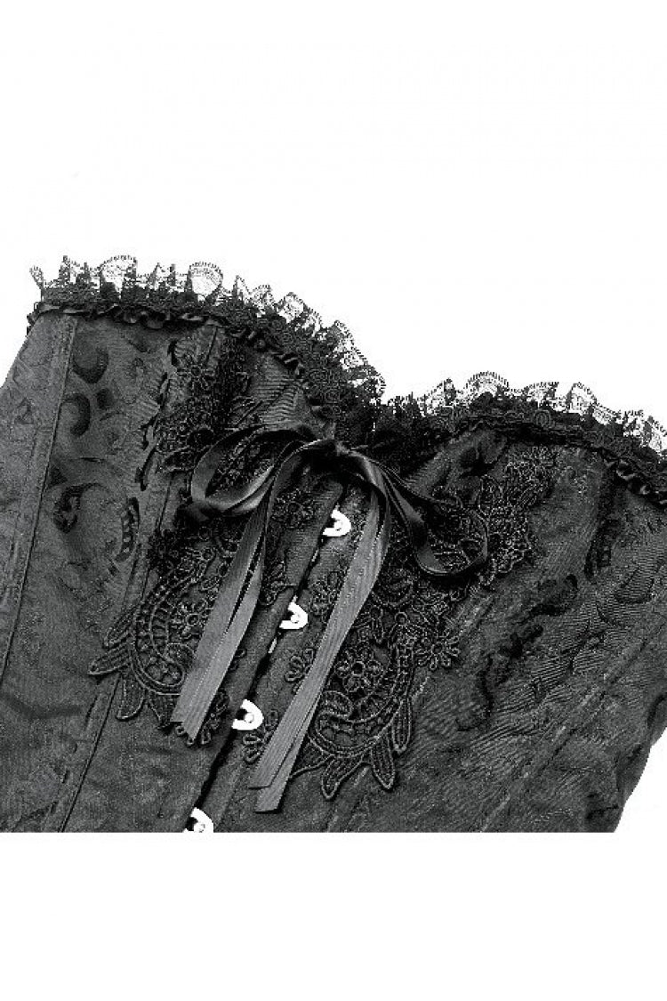 Black Jacquard Ruffled Lace Lace-Up Women's Gothic Overbust Corset - Product - 11