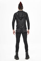 Black Broken Holes Knit Shoulder Lace-Up Irregular Hem Hooded Men's Punk T-Shirt - Product - 6