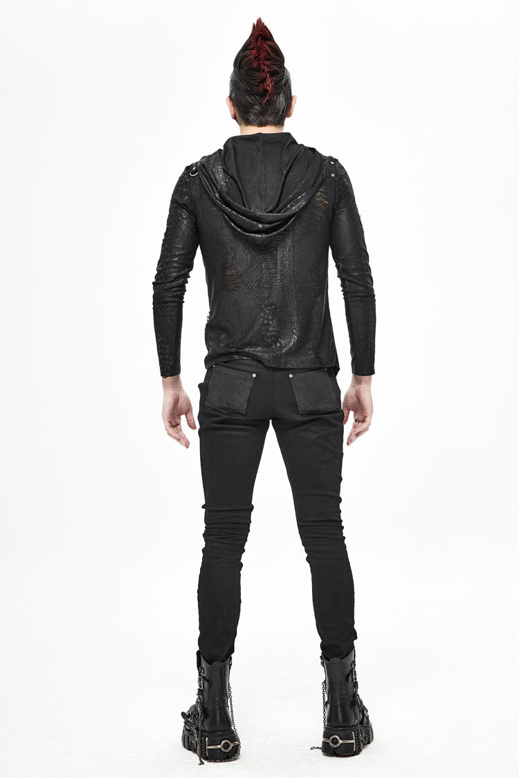 Black Broken Holes Knit Shoulder Lace-Up Irregular Hem Hooded Men's Punk T-Shirt - Product - 6