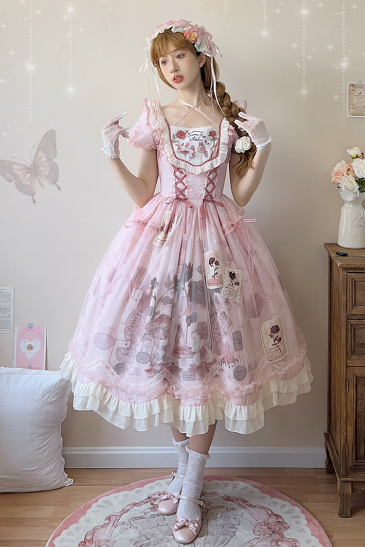 Pink Rabbit Print Square Collar Short Sleeves Ruffle Bowknot Lace Sweet Lolita Dress - Product - 10