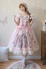 Pink Rabbit Print Square Collar Short Sleeves Ruffle Bowknot Lace Sweet Lolita Dress - Product - 10