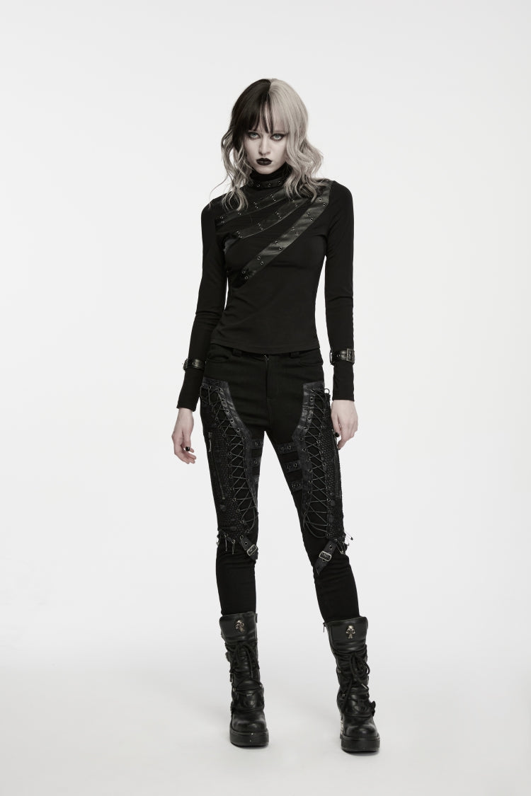 Black Cut-Out Lace Lace-Up Slim Fit Women's Punk Cool Pants - Product - 8