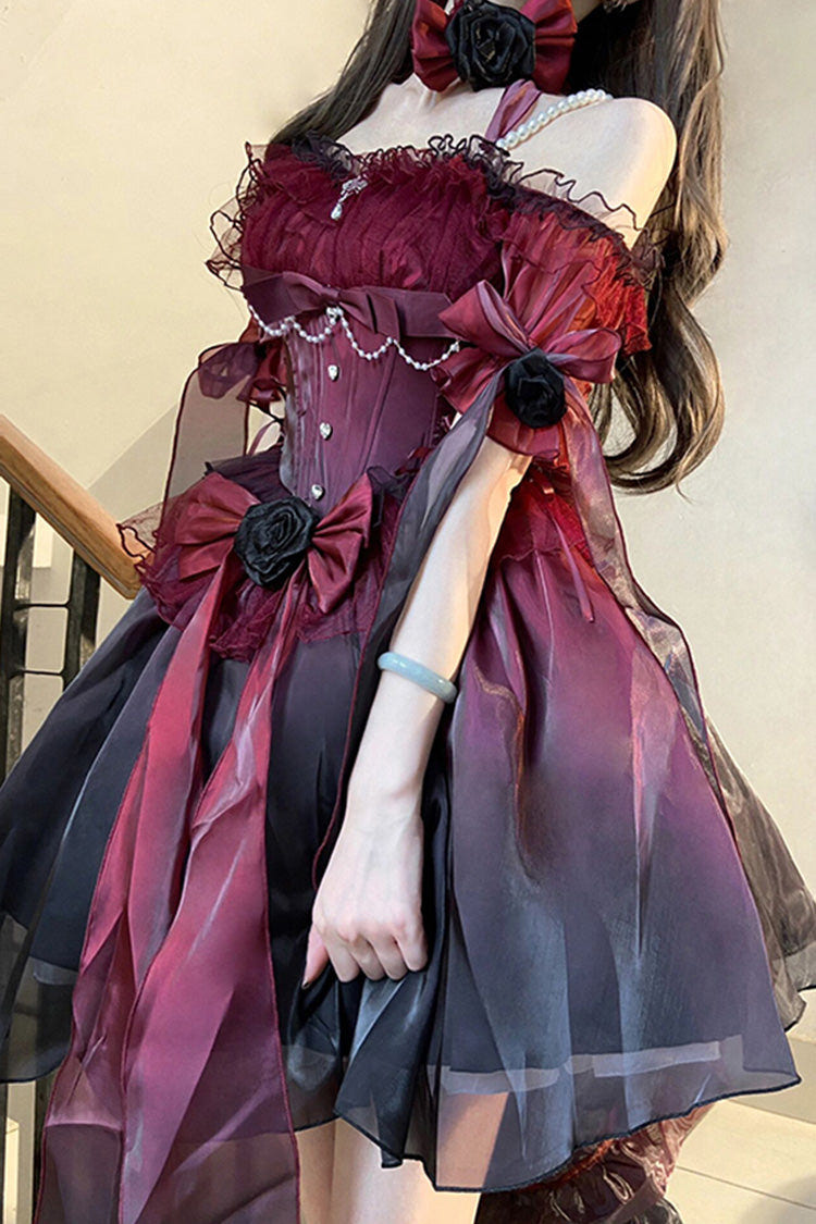 Wine Red Midsummer Dream Short Sleeves Ruffle Hanayome Off-The-Shoulder Gothic Short Lolita Dress - Product - 3