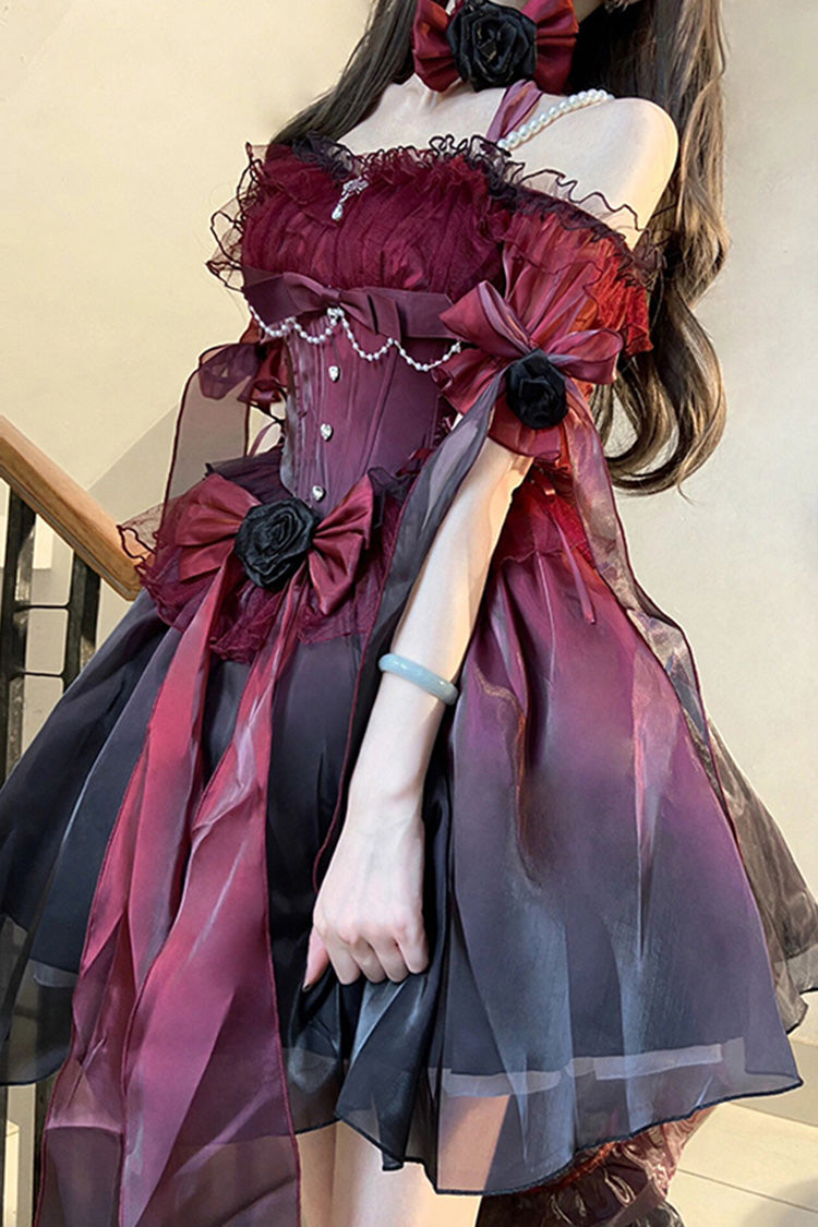 Wine Red Midsummer Dream Short Sleeves Ruffle Hanayome Off-The-Shoulder Gothic Short Lolita Dress - Product - 3