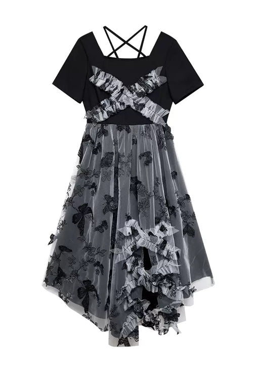 French Square Collar Short Sleeves Irregular Hem Long Gothic Lolita Dress - Product - 5