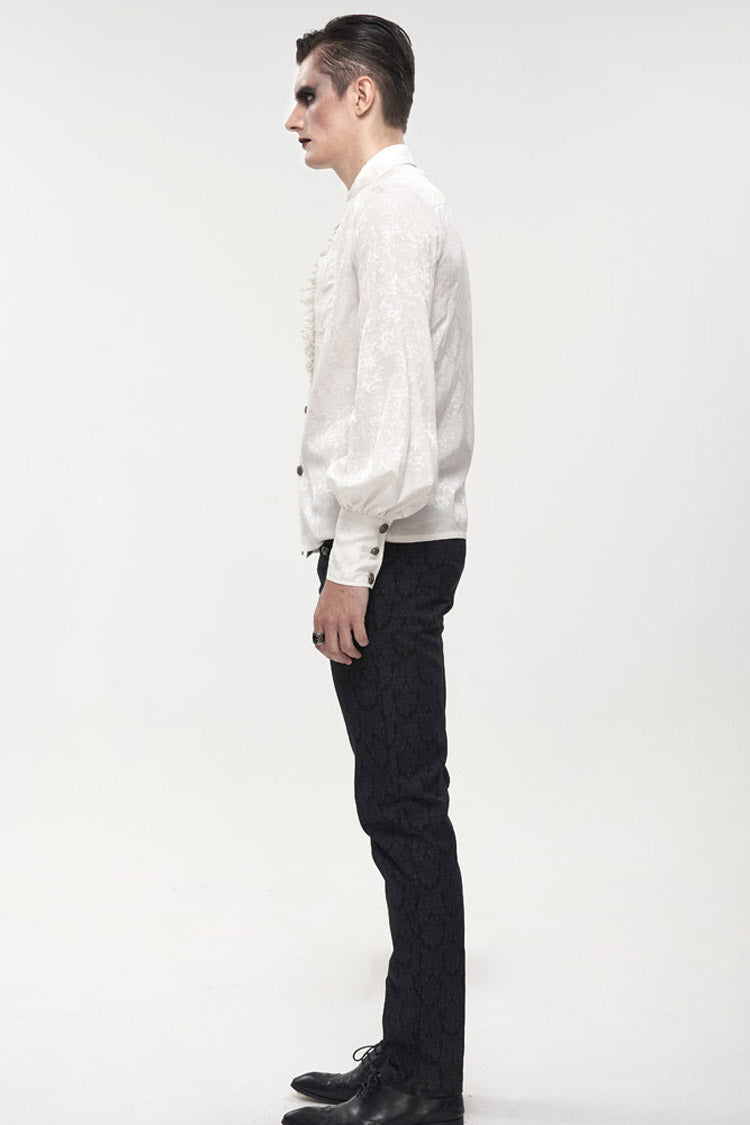 White Gothic Metal Pattern Buckle Long Sleeve Pleated Lace Lantern Shape Printing Pattern Men's Shirt - Product - 7