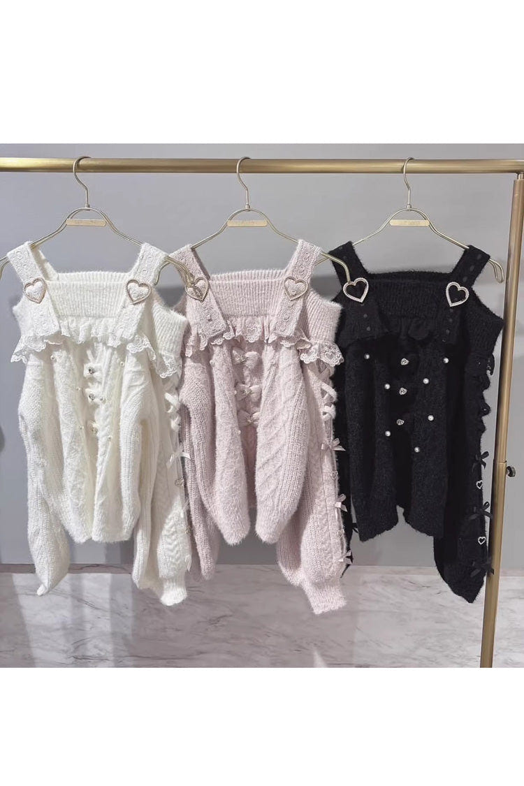 [Fluffy Heart] ボートネック 長袖 リボン 地雷系 エレガント Knitwear 商品画像