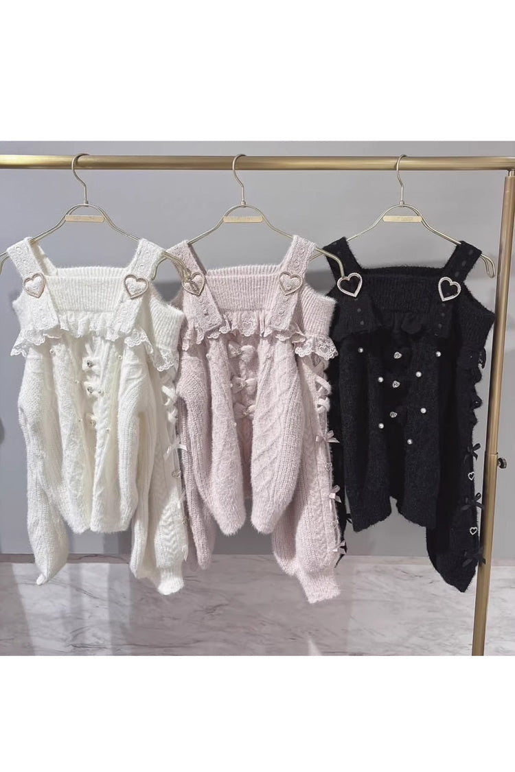[Fluffy Heart] Boat Neck Long Sleeves Bow Jirai Kei Elegant Knitwear - Product - 4