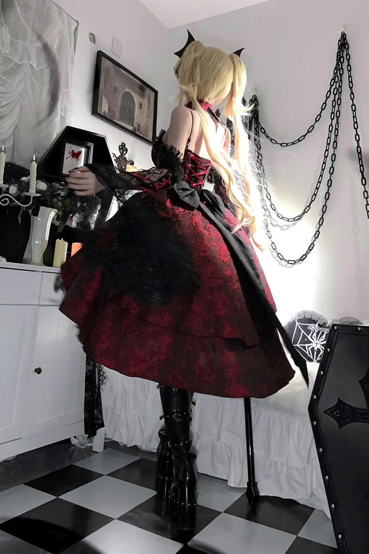 Black/Red [Weeping Rose] Jacquard Print Ruffle Cardigan Bowknot Lace-Up Gothic Lolita Dress - Product - 11