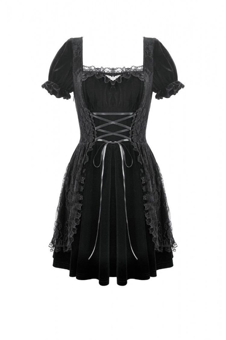 Black Square-Cut Collar Short Puff Sleeves Lace Patchwork Velvet Lace-Up Women's Gothic Vintage Dress - Product - 3