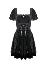 Black Square-Cut Collar Short Puff Sleeves Lace Patchwork Velvet Lace-Up Women's Gothic Vintage Dress - Product - 3