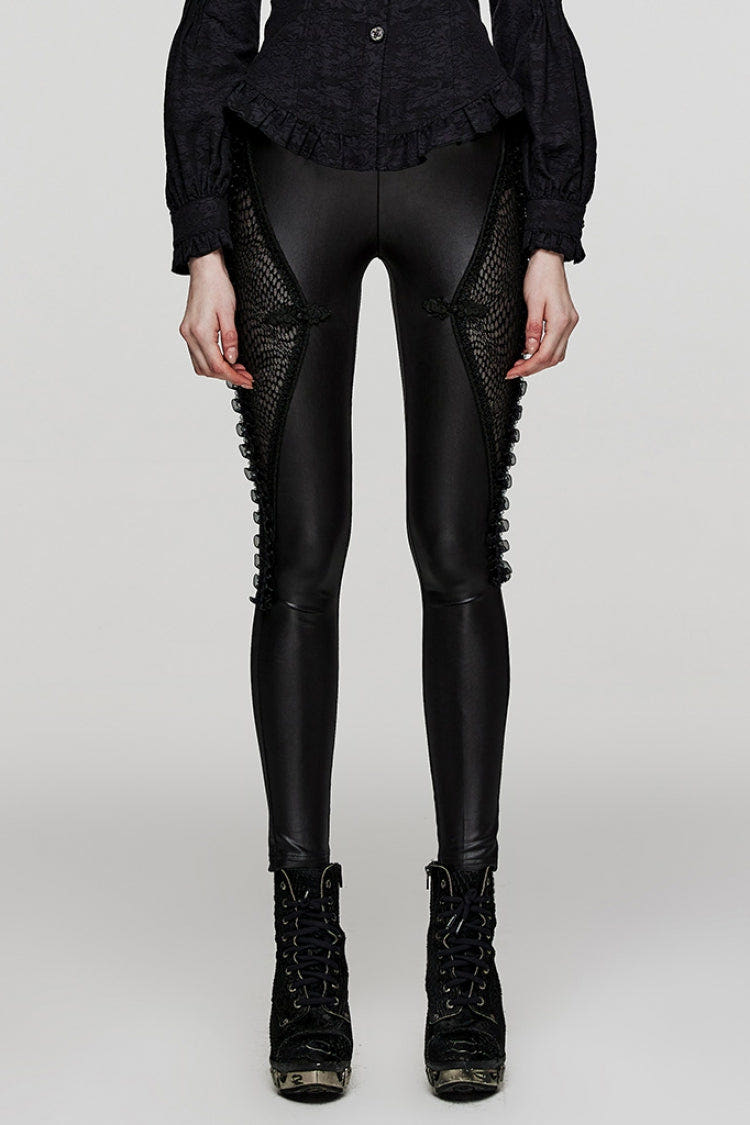 Black Ruffle Embroidery Stitching Lace Slim Mesh Women's Steampunk Leggings - Black - 1