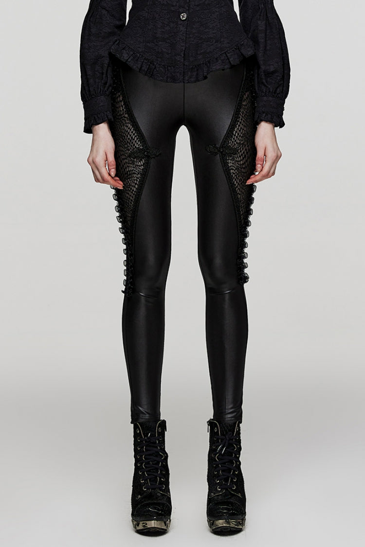Black Ruffle Embroidery Stitching Lace Slim Mesh Women's Steampunk Leggings - Black - 1