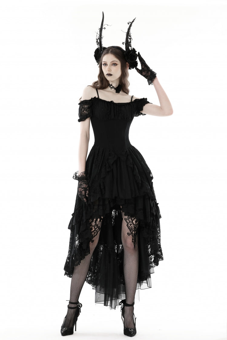 Black Boat Neck Off Shoulder Short Puff Sleeves Ruffled Lace Lace-Up Irregular Women's Gothic Dovetail Dress - Black - 1