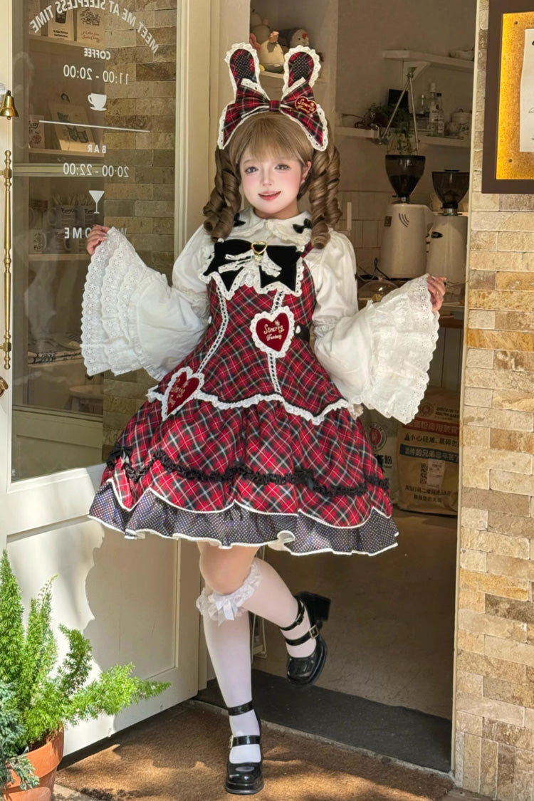 Red [Shibuya Sweetheart] Sleeveless Plaid Print Ruffle Bowknot Sweet Lolita Jsk Dress (Plus Size Support) - Product - 4