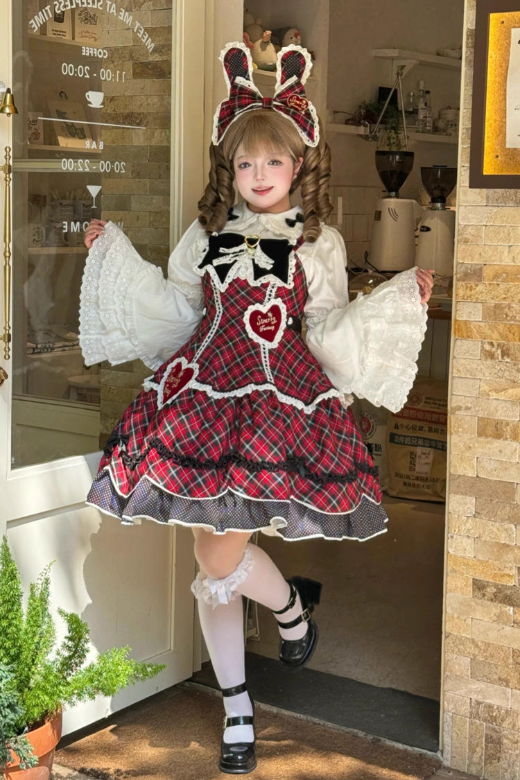 Red [Shibuya Sweetheart] Sleeveless Plaid Print Ruffle Bowknot Sweet Lolita Jsk Dress (Plus Size Support) - Product - 4