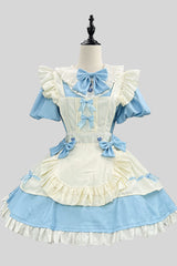 Blue/White Short Sleeves Ruffle Bowknot Lace Plus Size Sweet Maid Short Lolita Dress - Blue/White - 1