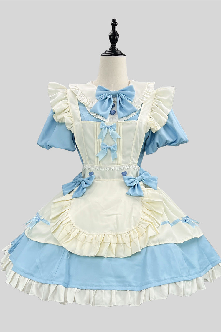 Blue/White Short Sleeves Ruffle Bowknot Lace Plus Size Sweet Maid Short Lolita Dress - Blue/White - 1