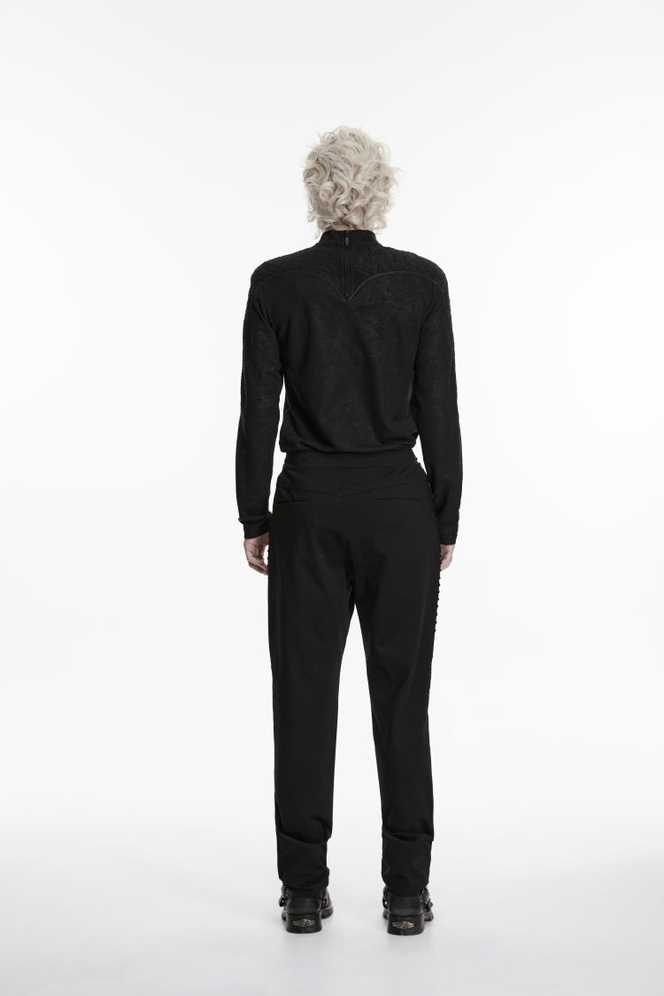 Black Spliced Lace-Up Slim Buckled Men's Gothic Pants - Product - 5