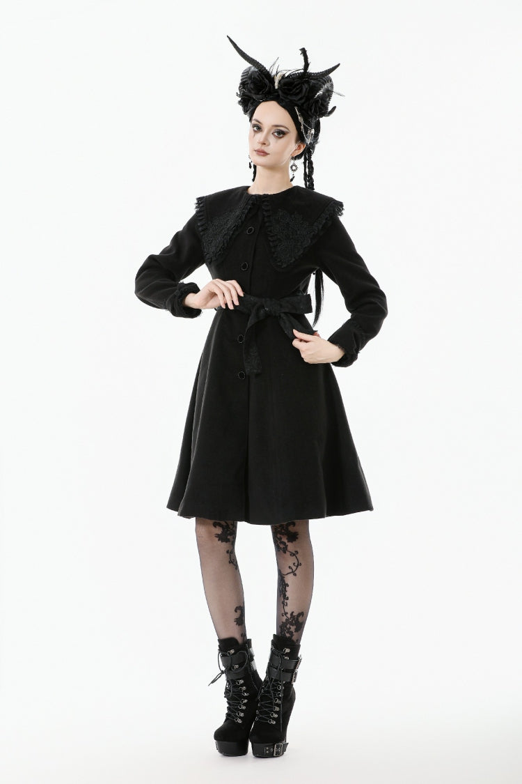 Black Floral Embroidered Peter Pan Collar Long Sleeves Bowknot Women's Gothic Coat - Product - 10
