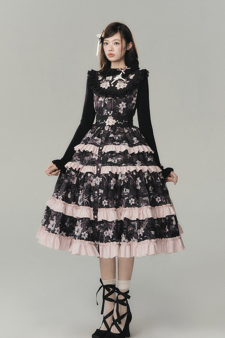 Black [Sacred Heart Lily] Round Collar Sleeveless Multi-Layered Printed Ruffled Embroidered Sweet Chinese Inspired Lolita Jumper Dress - Product - 5
