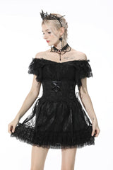 Black Plunging V Collar Short Sleeves Ruffled Lace Sexy Women's Gothic Crop Top - Product - 6