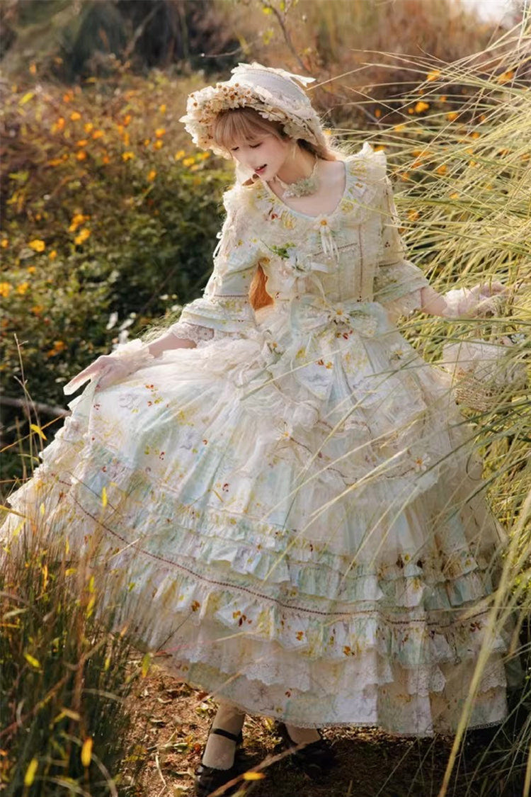 Green [Little Daisy] Lapel Collar Half Sleeves Multi-Layered Printed Bow Lace Princess Gorgeous Plus Size Sweet Lolita Dress - Green - 1