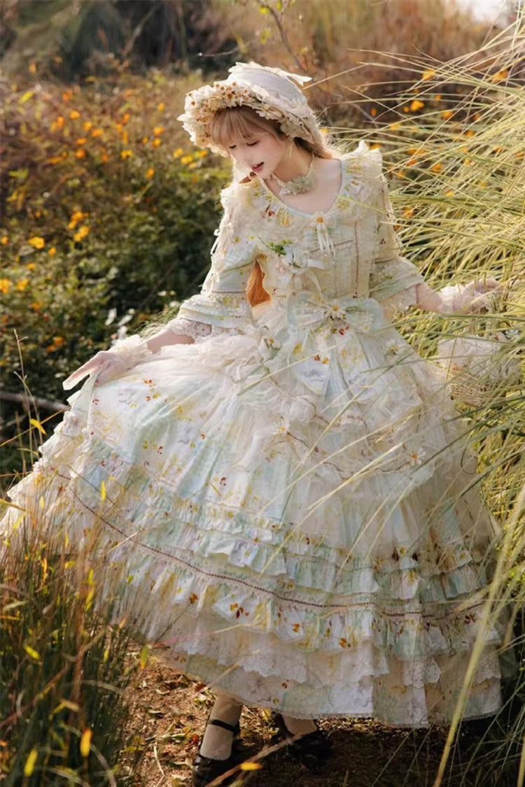 Green [Little Daisy] Lapel Collar Half Sleeves Multi-Layered Printed Bow Lace Princess Gorgeous Plus Size Sweet Lolita Dress - Green - 1