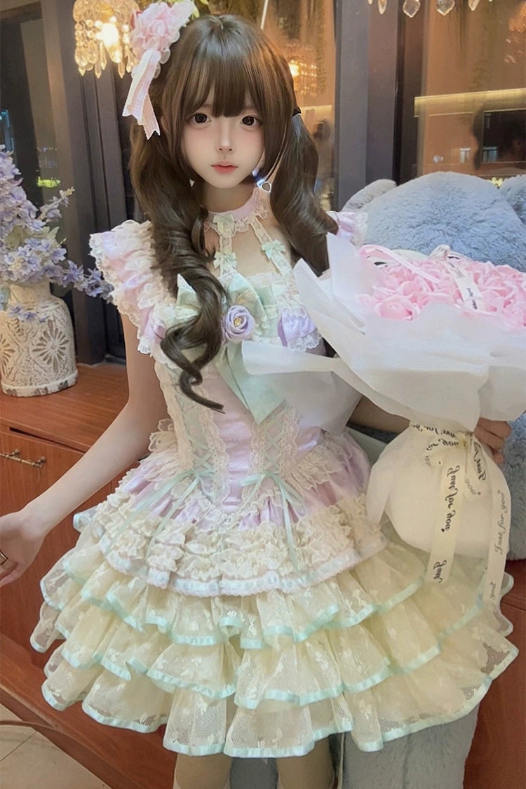 Purple [Flower Language of Eros] Halterneck Multi-Layered Ruffle Bowknot Rose Lace Lace-Up Sweet Ballet Lolita Jsk Dress - Product - 5