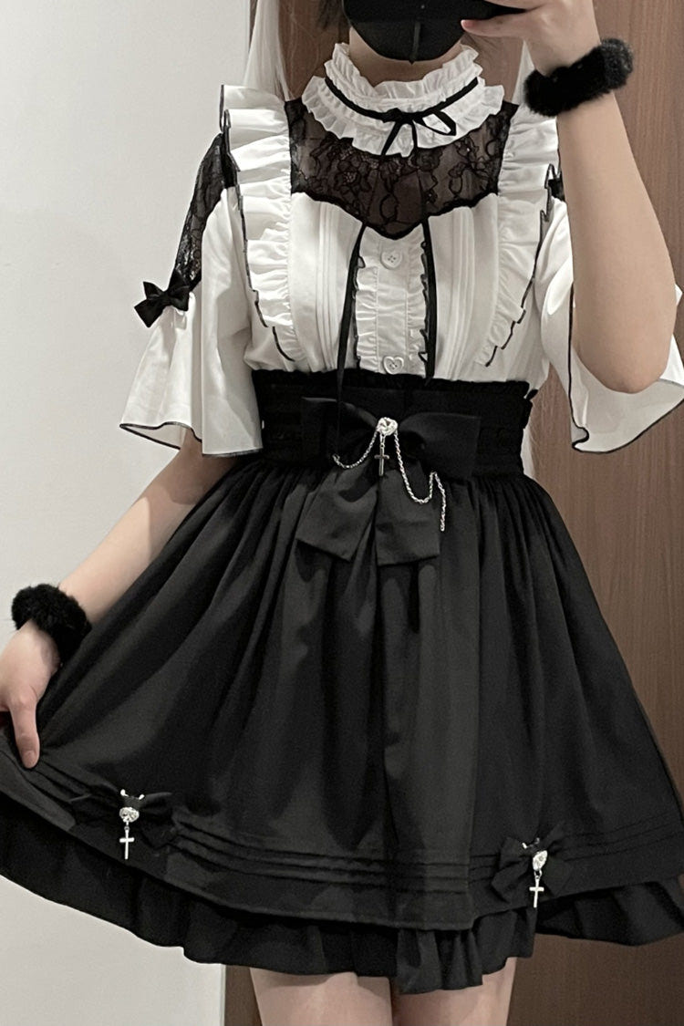 Magical Girl Short Sleeves Ruffle Embroidery Bowknot Lace Sweet Jirai Kei Lolita Set 4 Colors - Black/White - 6