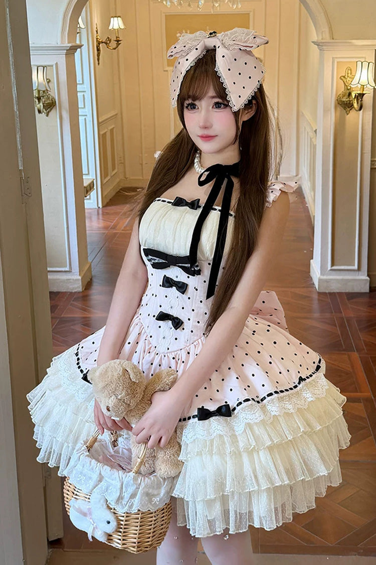 Pink [Polka Dot Waltz] Square Collar Flutter Sleeves Triple-Layered Printed Ruffled Bow Sweet Lolita Jsk Dress - Product - 3