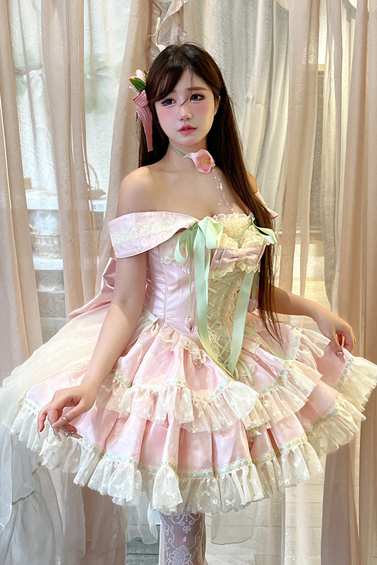 Pink [Tulip Love Song] Boat Neck Double-Layered Ruffle Bowknot Lace Lace-Up Romantic Sweet Princess Lolita Dress - Product - 9