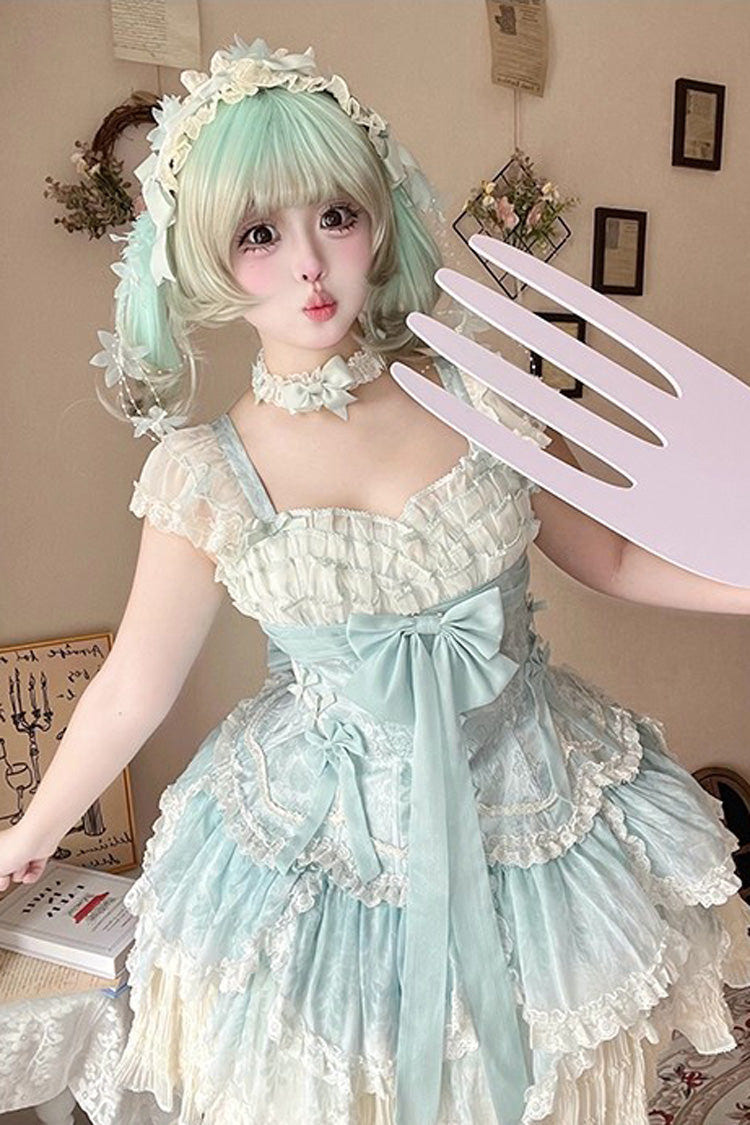 Green [Floral Dream] Short Sleeves Multi-Layered Ruffle Embroidery Bowknot Lace-Up Sweet Elegant Ballet Lolita Jsk Dress - Product - 16
