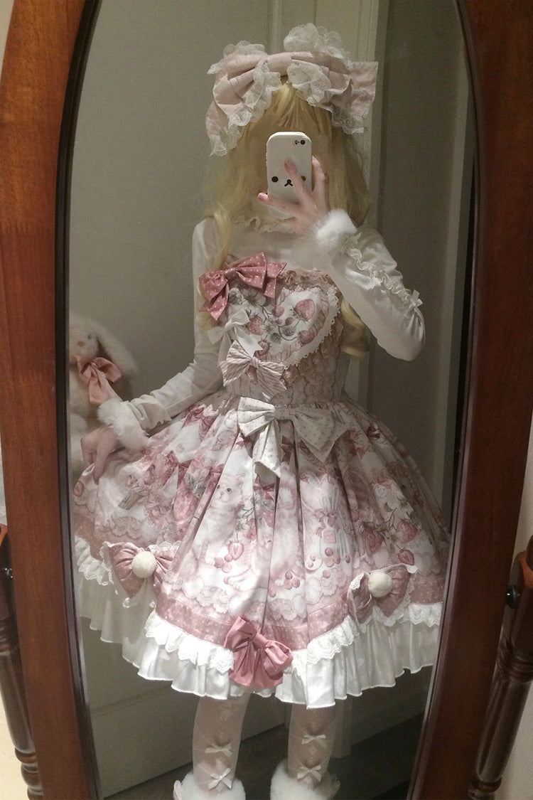 Pink [Sweet Dessert Cat] Print Ruffle Bowknot Lace Sweet Princess Lolita Dress Set - Product - 10