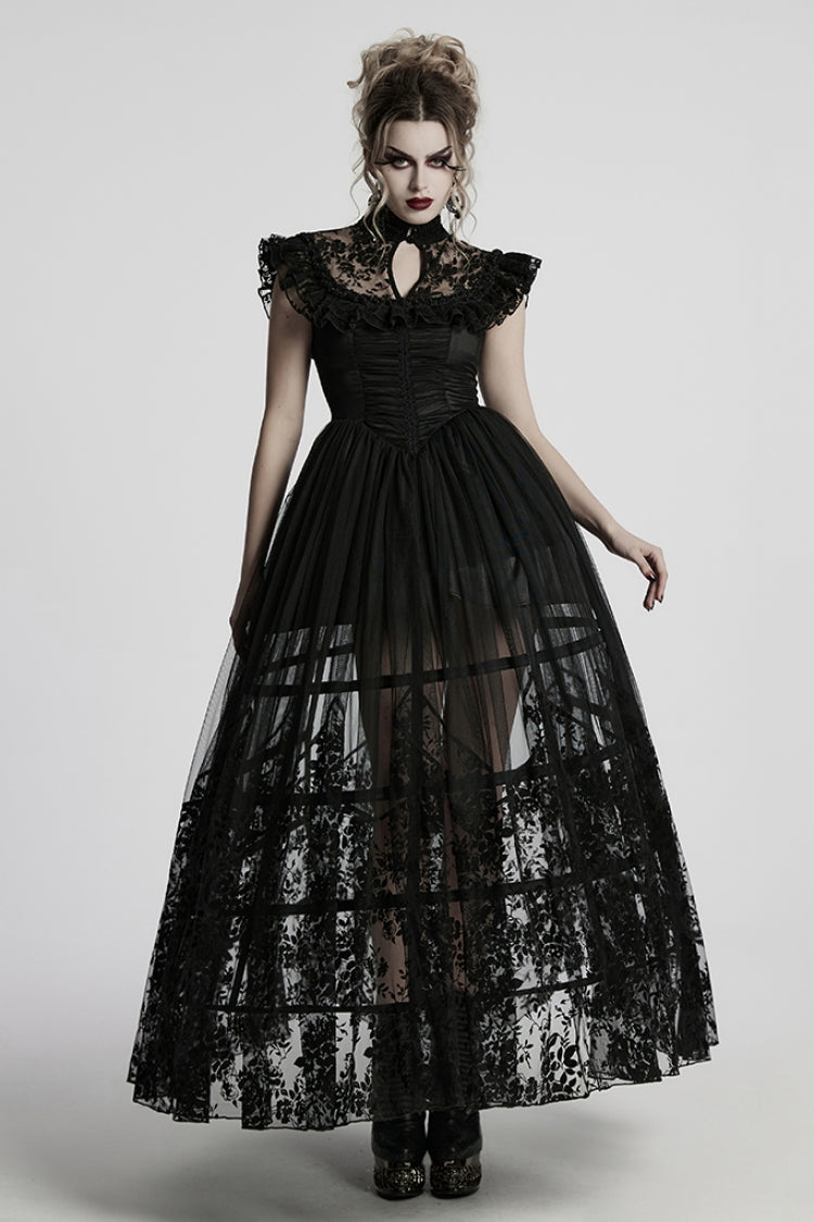 Black Stand Collar Hollow Embroidery Flocking Mesh Women's Gothic Formal Dress - Product - 4