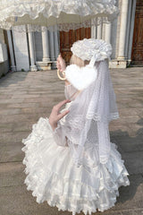 White [Flory Butterfly] Double-Layered Ruffle Bowknot Lace Lace-Up Sweet Ballet Lolita Jsk Dress - Product - 5