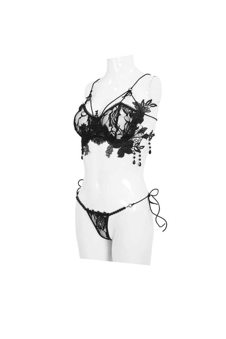Black Three-Dimensional Lace Black Pearl Pendant Decorative Lace Lace Up Women's Gothic Corset Set - Product - 7