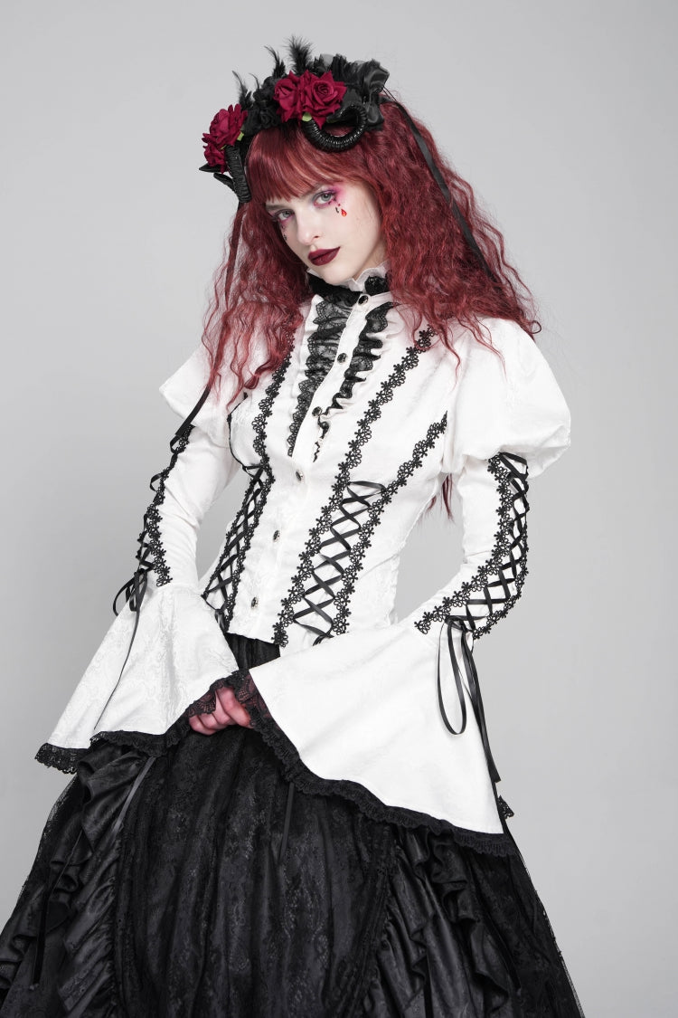White Stand Collar Long Puff Sleeves Floral Jacquard Lace-Up Women's Gothic Blouse - Product - 2