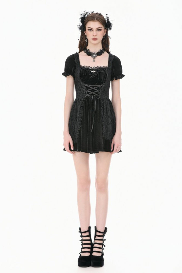 Black Square-Cut Collar Short Puff Sleeves Lace Patchwork Velvet Lace-Up Women's Gothic Vintage Dress - Product - 9