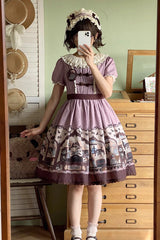 Pink/Purple Short Sleeves Bear Print Bowknot Classic Lolita Dress - Product - 7