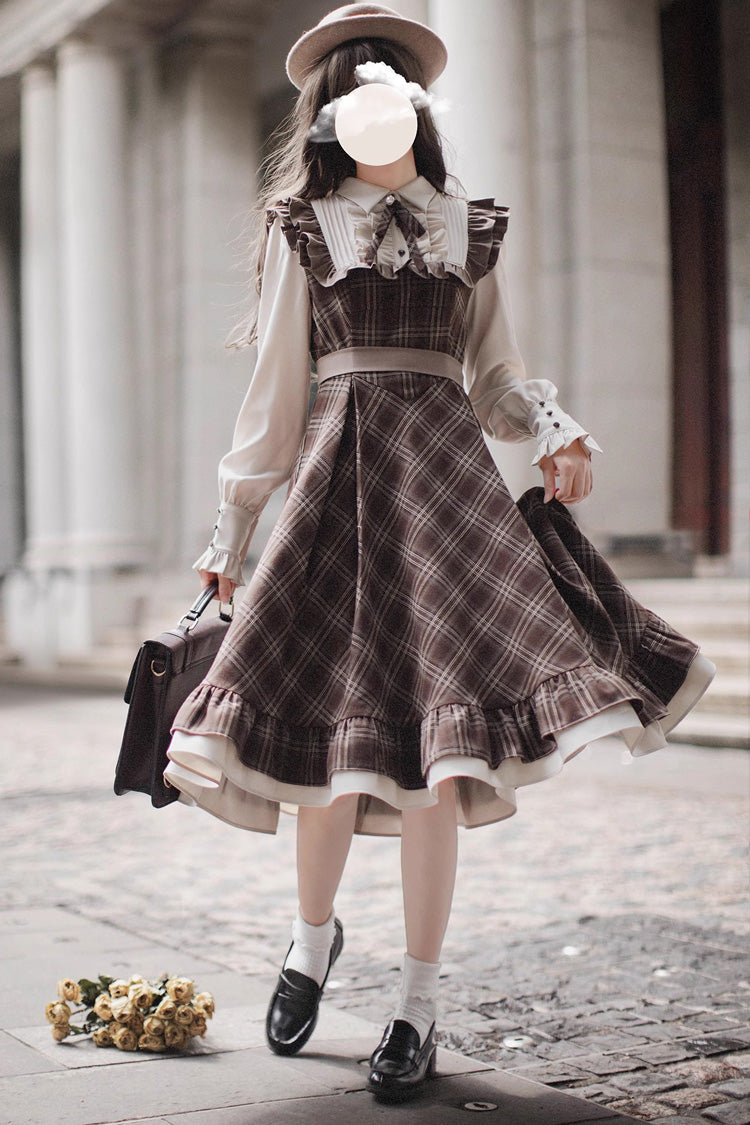 Brown [The Thames at Dusk] Print Long Sleeves Ruffle Fake Two Pieces Vintage College Style Lolita Dress - Brown - 1