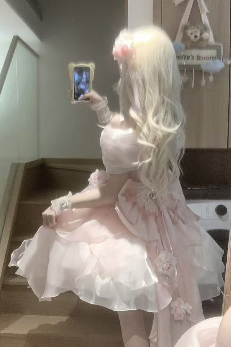 [Heartbeat] Off Shoulder Multi-Layered Ruffle Bowknot Lace Princess Gorgeous Dream Sweet Lolita Dress 2 Colors - Product - 4