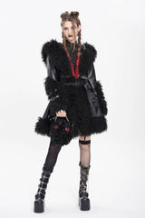 Black Long Sleeves Plush Stitching Buckle Hooded Straps Women's Punk Coat - Product - 11