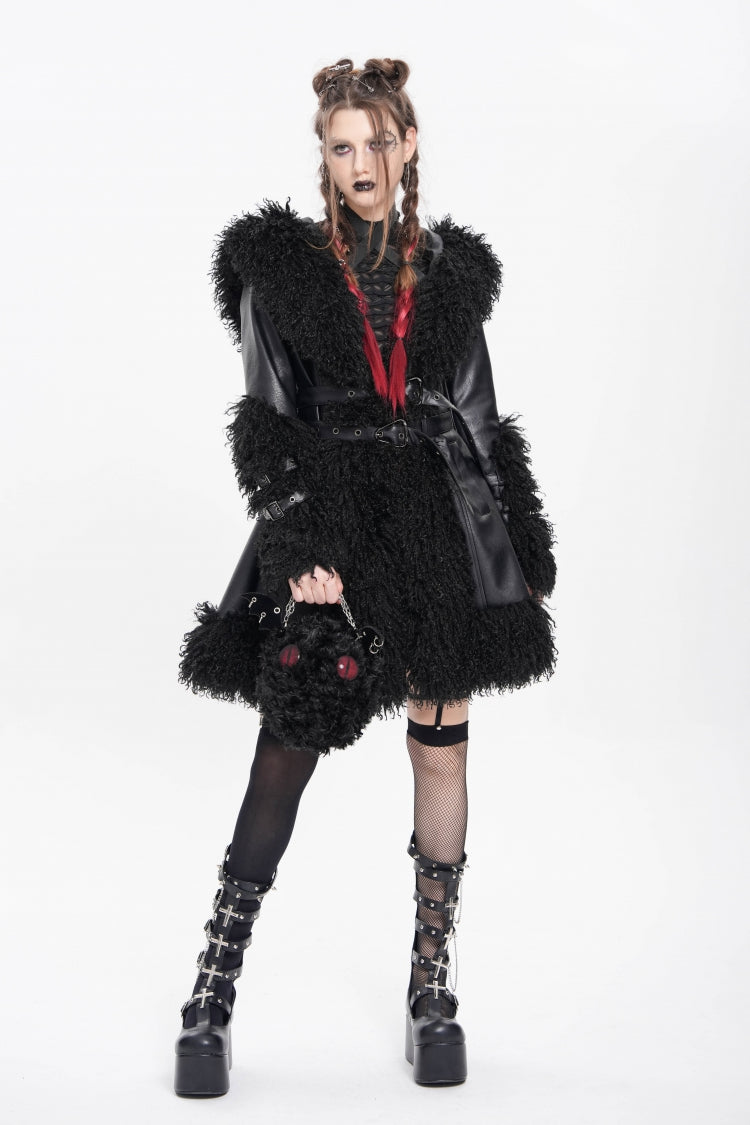 Black Long Sleeves Plush Stitching Buckle Hooded Straps Women's Punk Coat - Product - 11