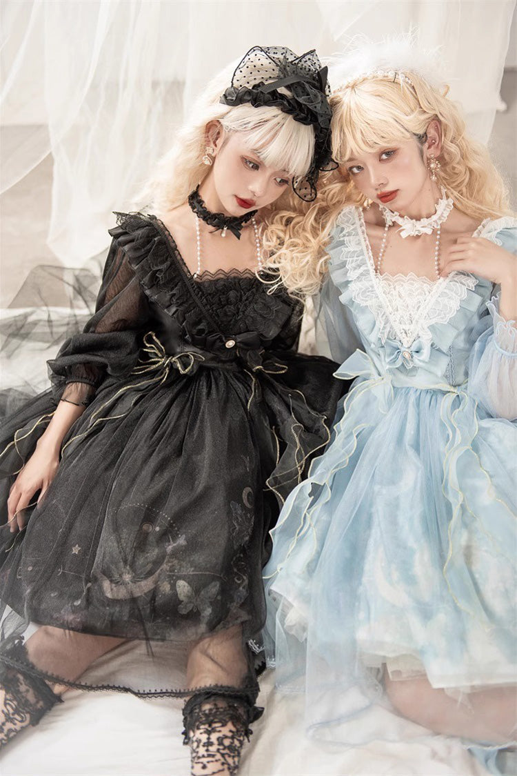 Blue High Waisted Planet Butterfly Print Ruffle Lace Sweet Lolita Dress - Product - 15