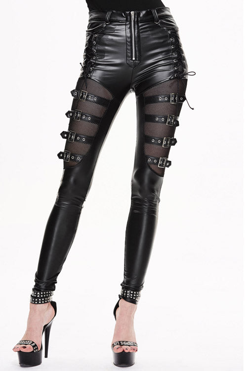 Black Punk Mesh Elastic Biker Leather With Loops Womens Pants - Black - 1