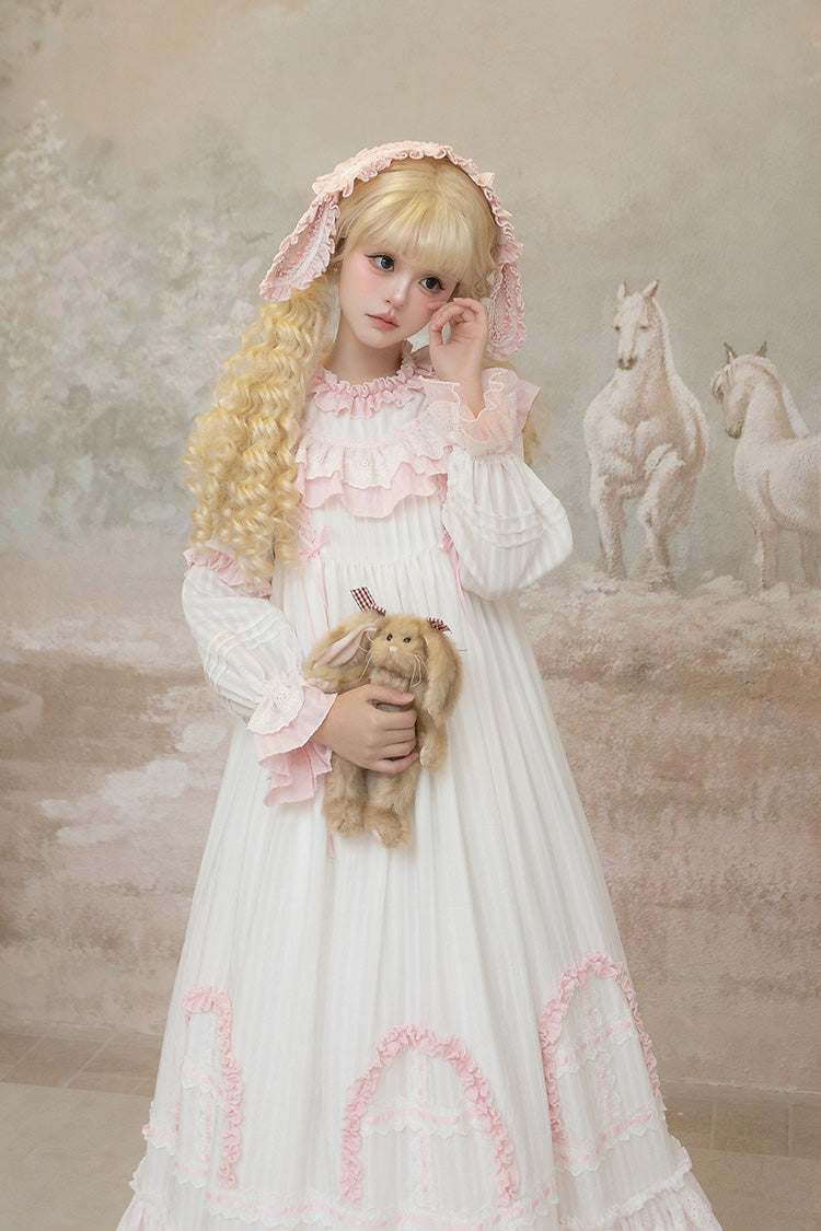 Pink [Twin Lilian] Round Collar Long Sleeves Double-Layered Ruffled Bow Lace-Up Sweet Lolita Dress - Product - 10