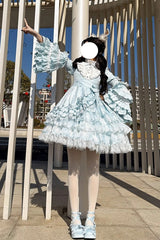 Blue [The Soloist Doll] Long Hime Sleeves Multi-Layered Print Ruffle Bowknot Asymmetric Sweet Lolita Dress - Product - 18