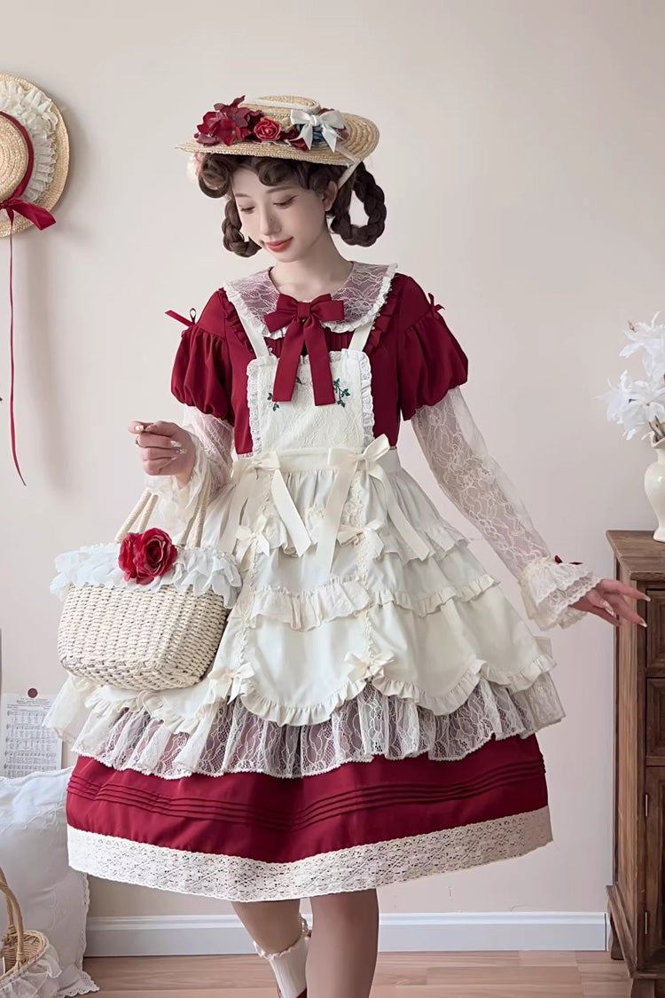 Red [Mist over Flowers Along the Path] Lapel Collar Long Sleeves Embroidery Bowknot Lace Sweet Lolita Dress - Product - 5