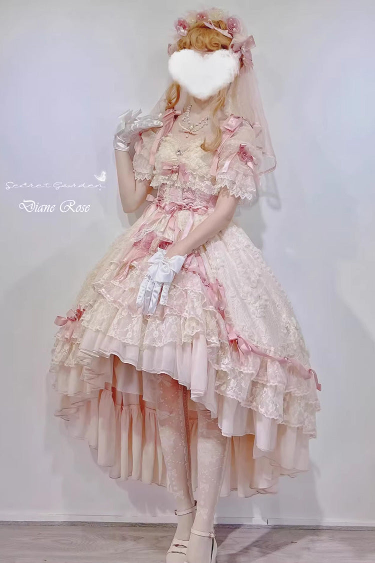 Pink [Diane Rose] Short Sleeves Multi-Layered Jacquard Ruffle Hanayome Cardigan Bowknot Lace Sweet Lolita Dress - Product - 11